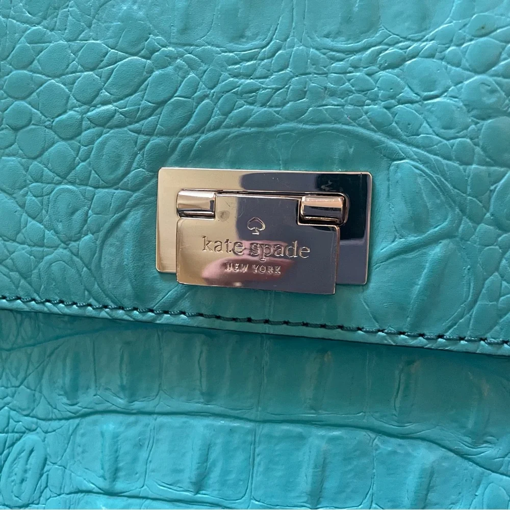 Kate Spade blue teal leather croc-embossed crossbody purse